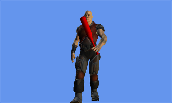 An animated character with an uncovered face holding a red baseball bat against a blue background.