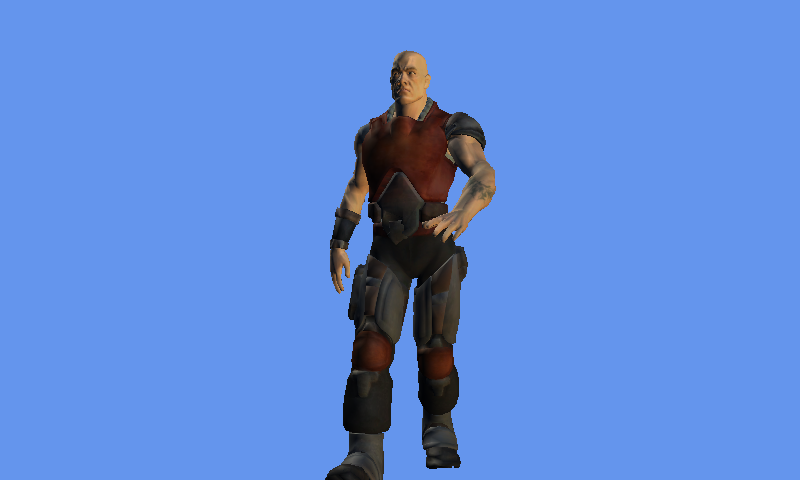 A textured armored character walking against a blue background.
