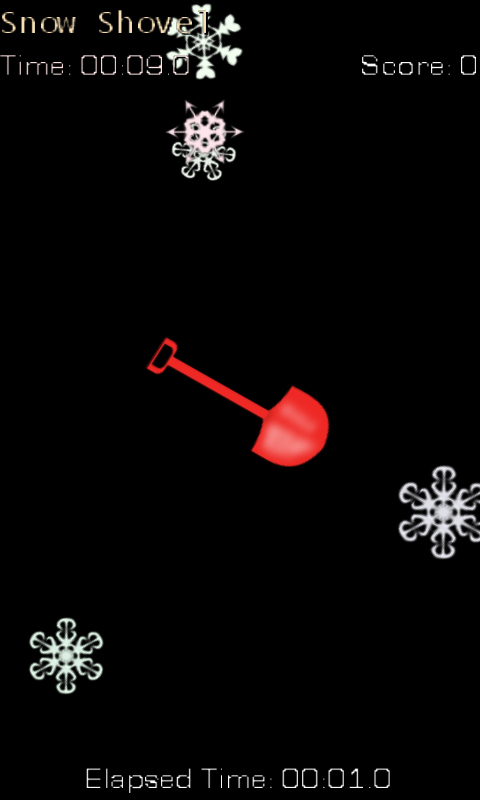 The red shovel moving beneath falling snowflakes during a timed round.