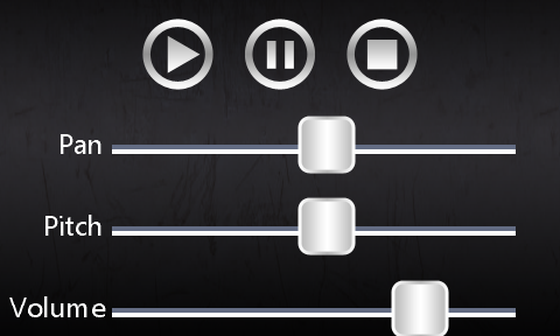 Sound and Music controls with play, pause, stop, pan, pitch and volume sliders.