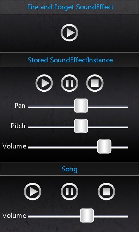 Portrait sound player with a fire and forget effect, a looping sound and a song, each with its controls.