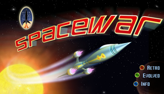 The Spacewar title screen with a rocket, sun and Retro and Evolved choices.