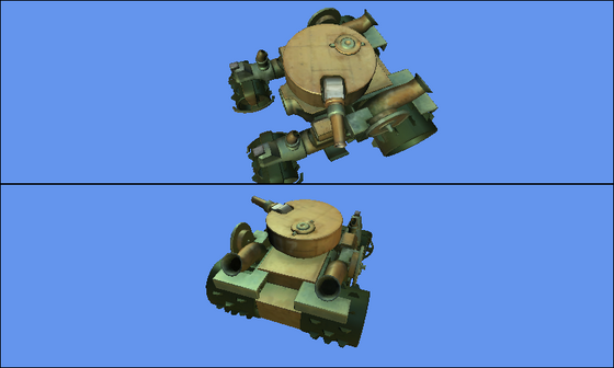 Split Screen gameplay with the same animated tank from fixed and orbiting cameras in two viewports.