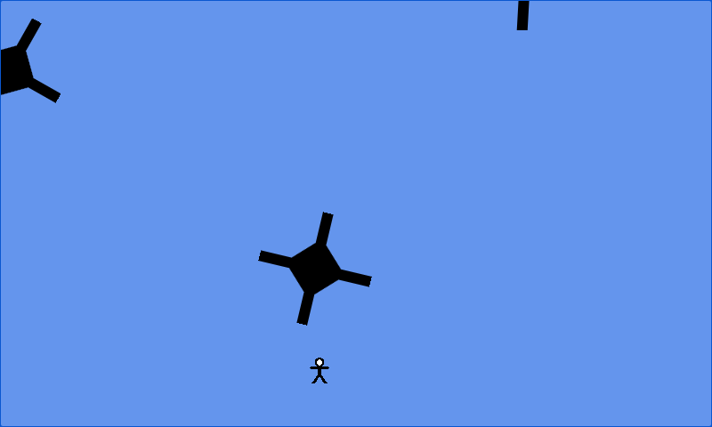 Rotating spinner blocks fall toward a stick-figure player on a blue background.