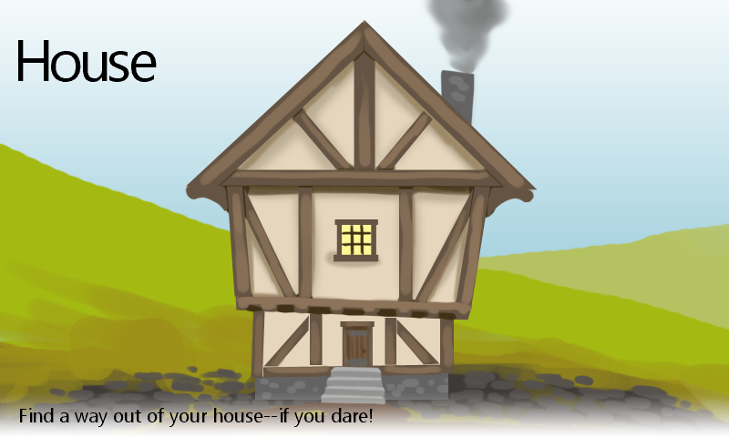 The running level-selection screen showing the illustrated House page and its description.