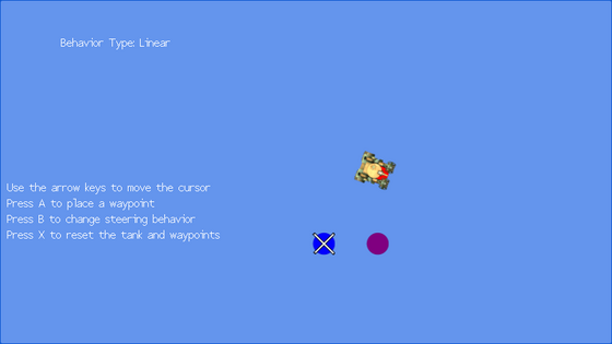 A tank follows red-to-blue waypoints on a blue field, with a steering-behavior label.