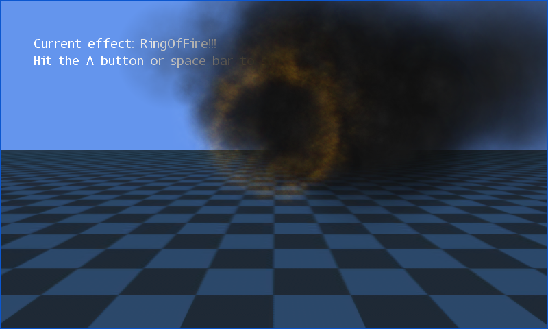 A smoky orange ring of fire above a checkerboard floor, with the current effect shown on screen.
