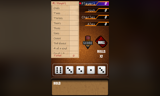 Yacht gameplay with the score card, five rolled dice and two rolls remaining.