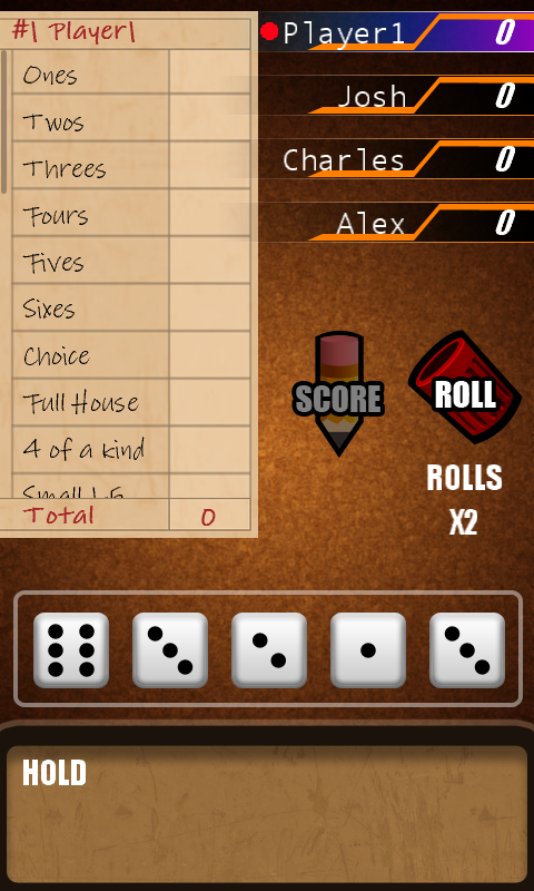 Live Yacht game board after a dice roll, showing the score card, five dice, player scores and two rolls remaining.